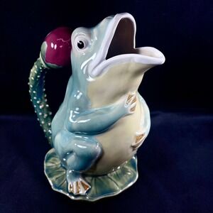 Majolica-Style Frog on Lily Pad Ceramic Pitcher Flower Stem and Blossom Handle